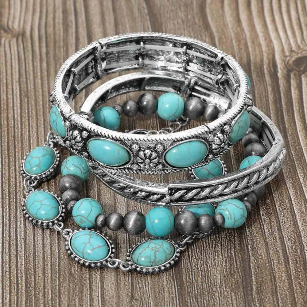 Turquoise Beaded 4 Pcs Boho Oval Round MultiLayered Western Stretch Bracelet Set